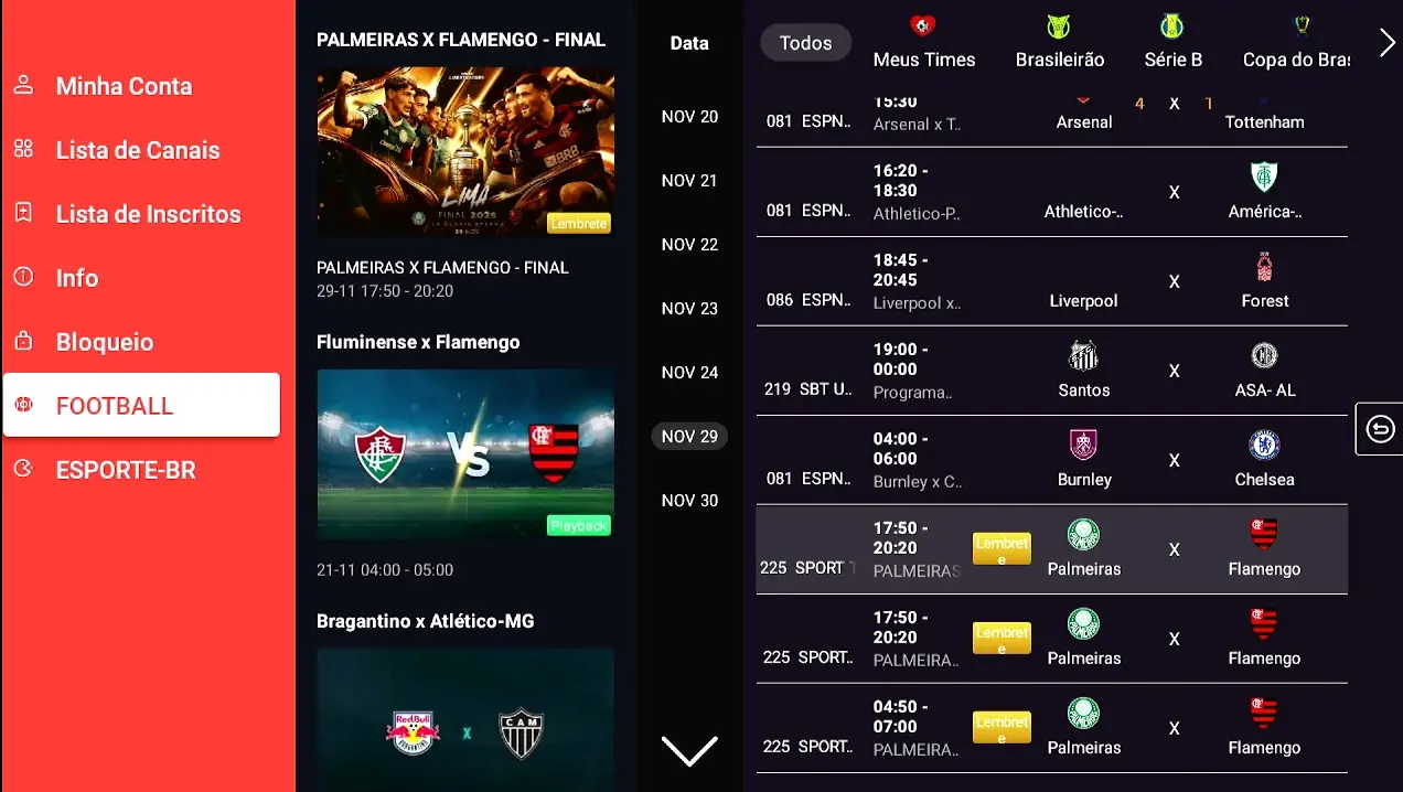 Tela do aplicativo Nexa TV com jogos de futebol e a lista de canais